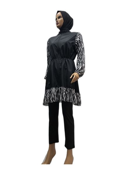 eflin Women's Clothing Black-white Zebra Ruffled Full Covered Hijab Swimsuit Including Bonnet