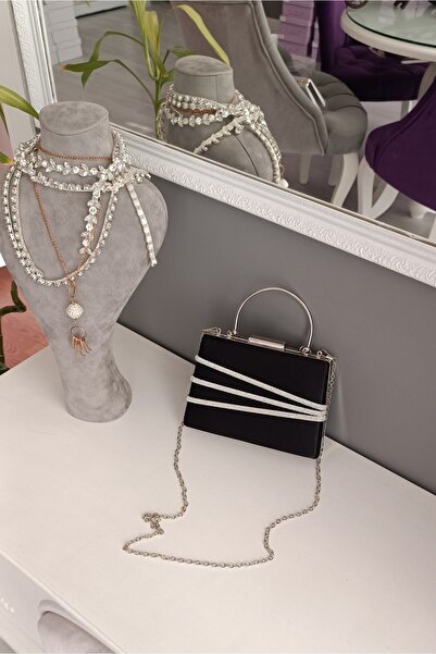 LA CALZATURE Μαύρη σατέν γυναικεία τσάντα βραδινό φόρεμα με λαβή και αλυσίδα ...