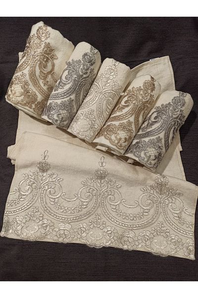 ŞENER HOME Set of 6 French Lace Dowry Box Velvet 50x90 Hand & Face Towel - Cream Brown Silver Gray