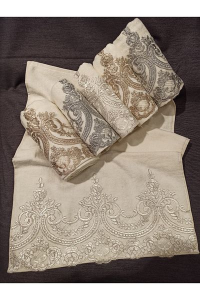 ŞENER HOME Set of 6 French Lace Dowry Box Velvet 50x90 Hand & Face Towel - Cream Brown Silver Gray