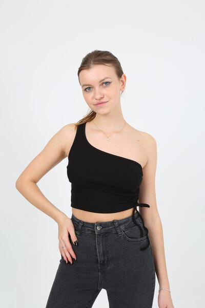 EDSA Siyah Yanı Büzgü Detaylı Örme Kaşkorse Tek Omuz Crop Atlet