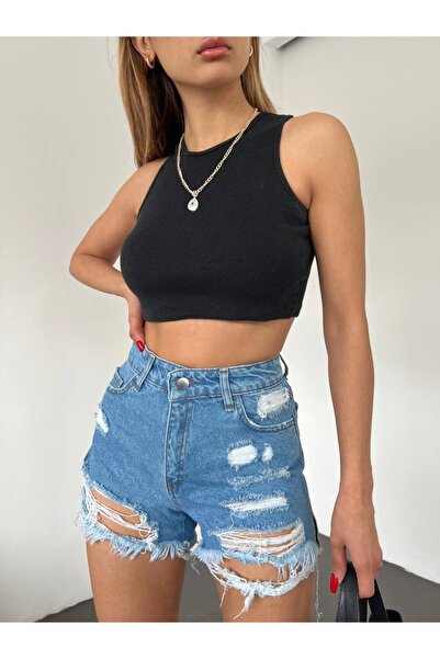 Genel Markalar Yüksek Bel Lazer Yıkamalı Yırtıklı Cepli Denim Kot Şort