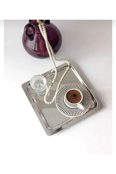 Abant 6-Piece Luxury Square Stainless Steel Silver Color Coffee Serving Presentation Tray