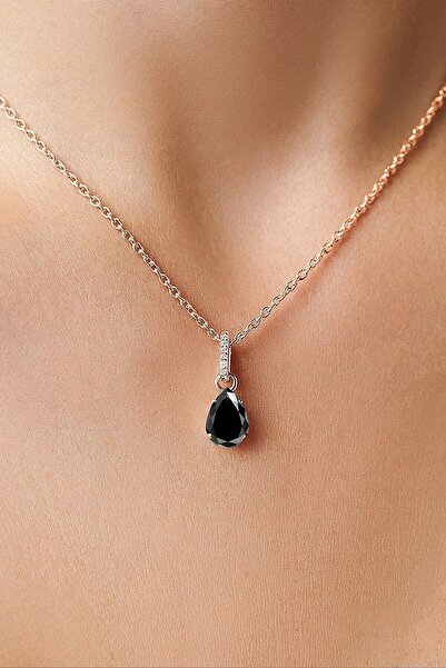 Eva Jewelry Siyah Mistik Topaz Taşlı 14 K Rose Gold Kaplama Kadın Kolye