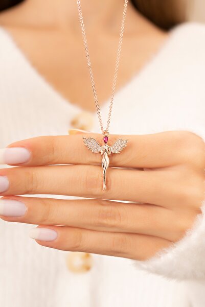 Eva Jewelry Kanatlı Melek Fuşya Taşlı 14k Rose Gold Kaplama Kadın Kolye