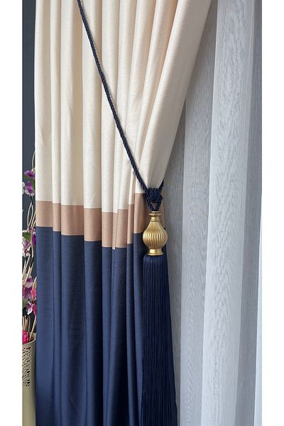 Yuka Adde Milano Panel Background Curtain Beige Navy Blue Mink Striped Single Wing Closely Pleated Jacquard Modern 80 x 250