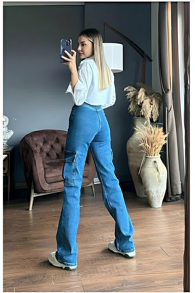 Livik Catina Hot Fashionnova, albastru mediu, fără buzunar, cu buzunar cargo, în lycra, blugi cu talie înaltă