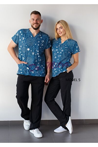 Dr. Mitra زي ممرضة منقوش، نمط الفضاء الليلي، زي الطبيب، كم الخفافيش، للجنسين، قميص علوي من الليكرا