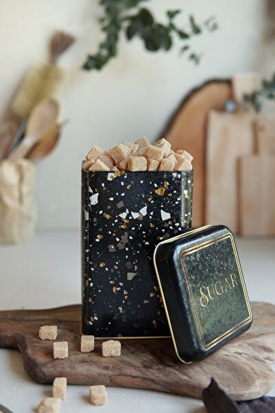 EVLE Er022-1h Terrazzo Black Desenli Kare Metal Saklama Kabı 11x11 Cm