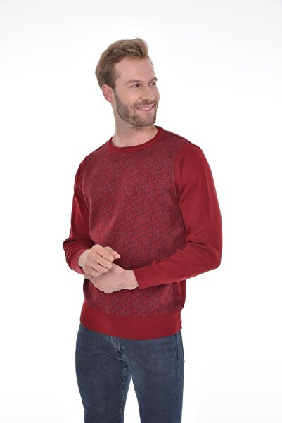 Çizgi Triko Men's Crew Neck Knitwear Claret Red Sweater Patterned Sleeve and Waist Elastic Woven Steel Knit