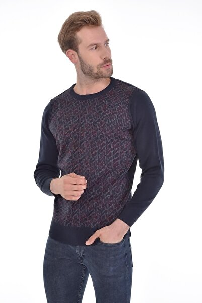 Çizgi Triko Чоловічий светр з круглим вирізом, темно-синій, з візерунком на рукавах і талії, еластична тканина, сталеве плетіння