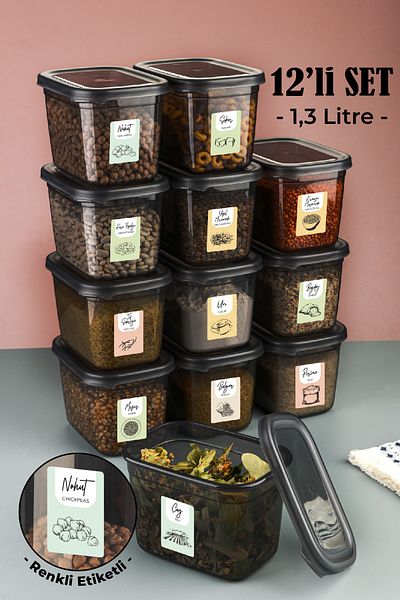 Vienev Set of 12 Peggy Rectangular Storage Container with Colorful Labels 1.3 Liter Anthracite
