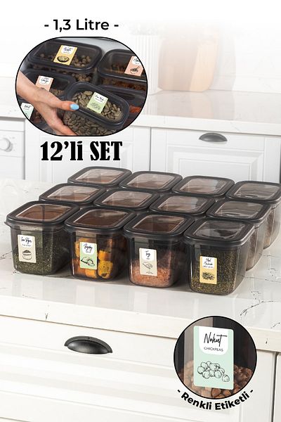 Vienev Set of 12 Peggy Rectangular Storage Container with Colorful Labels 1.3 Liter Anthracite