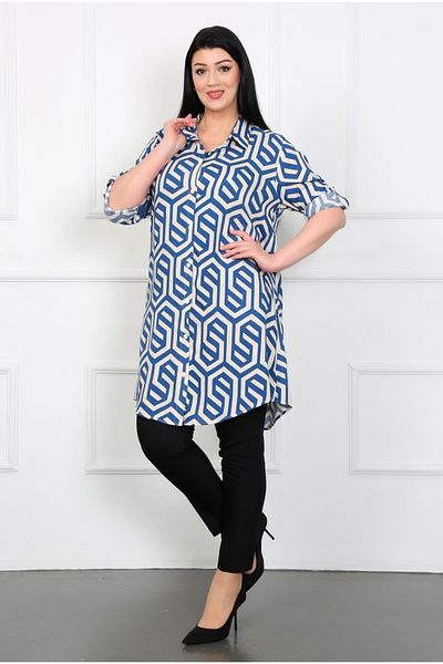 By Alba Collection Women's Indigo Patterned Cotton Viscose Large Size Tunic