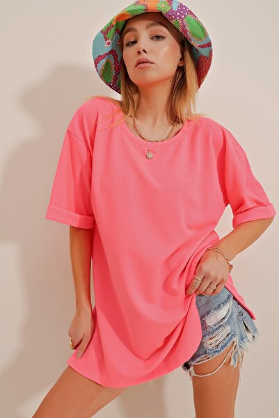 Trend Alaçatı Stili T-Shirt - Rosa - Oversized