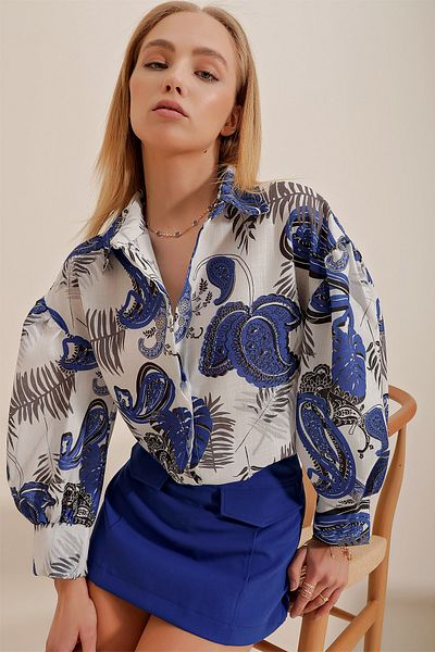Trend Alaçatı Stili Damenhemd aus gewebtem Leinen mit ethnischem Muster und Flammenmuster von Saks Princess ALC-X10397