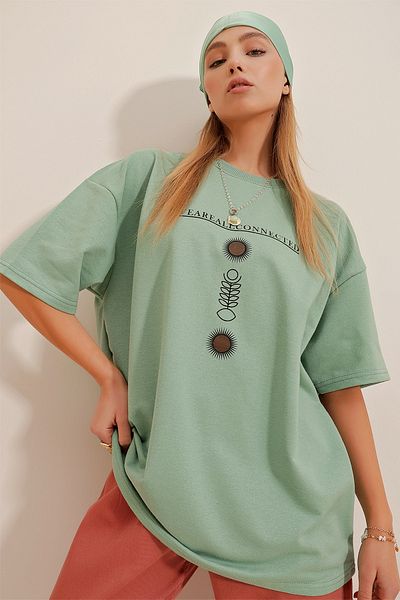 Trend Alaçatı Stili T-Shirt - Grün - Oversized