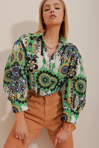 Trend Alaçatı Stili Cămașă țesută din in flameat cu model etnic prințesă verde pentru femei ALC - X10399