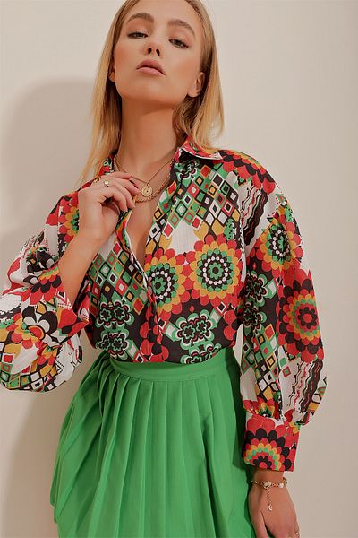 Trend Alaçatı Stili Women's Orange-Green Princess Ethnic Patterned Flamed Linen Woven Shirt ALC-X10399