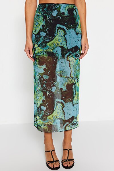 Trendyol Collection Modrá vzorovaná maxi délka pasu krajka Detailní tyl Stretch pletená sukně TWOSS23ET00369