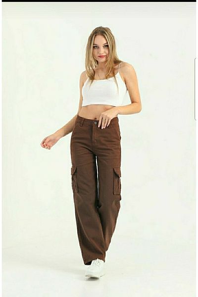 Livik Καφέ Lycra Cargo Pocket Εξαιρετικά ψηλή μέση πλάτη χωρίς τσέπη Γυναικείο Palazzo Jean