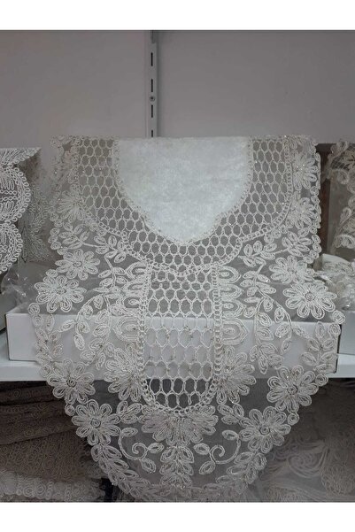 erayceyiz Krem Rengi Gardenya Kumaşa Fransız Güpürlü 5 Parça Runner Salon Takımı