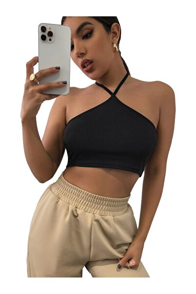 Liona Women's Halter Neck Black Color Crop Top Blouse