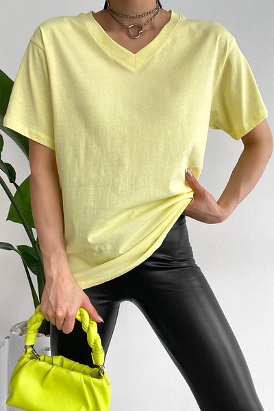 FEMELLE Women's Yellow V-Neck 100% Cotton Basic T-Shirt