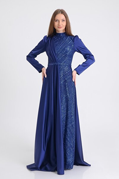 SpringStore Lacivert Saten Tesettür Abiye Elbise