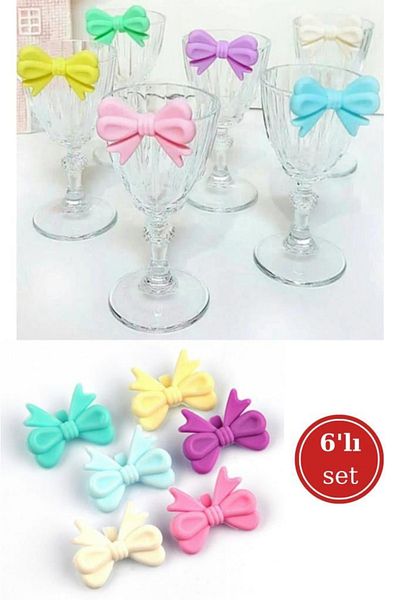 Flosoft 6-Piece Silicone Cup Marker, Colorful Bow Cup Mug Cup Separator 6 Pieces