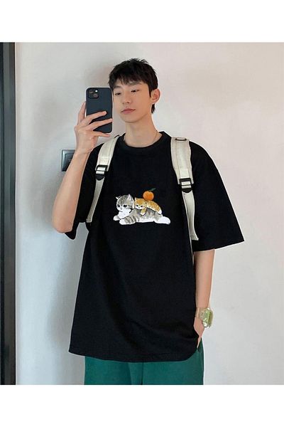 Touz Μαύρο μπλουζάκι Unisex Oversize - Cats & Orange