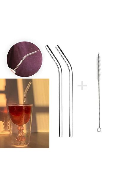 NEWBRENDHOME Glass Straw and Cleaning Brush Set 2-Piece Glass Straw +1 Piece Cleaning Brush Set 9mm