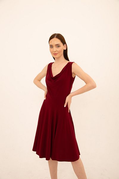 Laranor Burgundy Degaje Collar Flared Dress