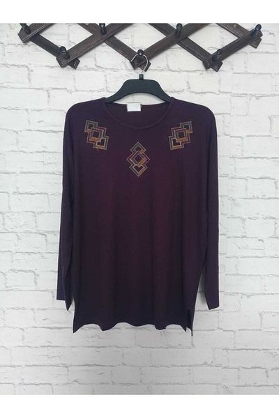 anne moda ankara Κεντημένο κιλίμι Μεγάλο Μέγεθος Μονόχρωμο Καλοκαιρινό Μακρυμάνικο Μπλουζάκι