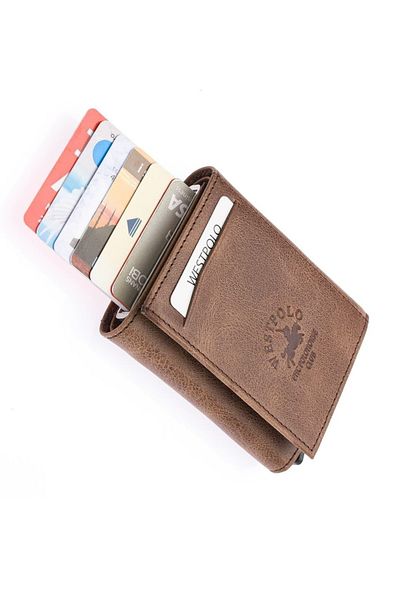Westpolo Πορτοφόλι Safari Unisex Mechanism από γνήσιο δέρμα με πολλές θήκες για κάρτες