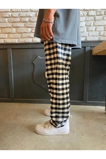 weywot Y2k Unisex Black and White Plaid Wide Leg Trousers with Elastic Waist