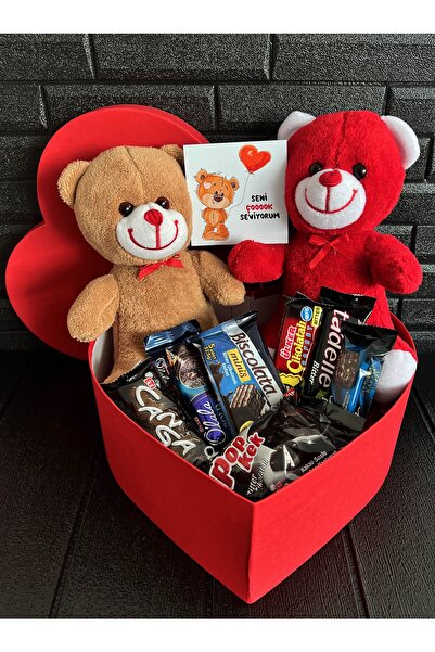 lenostra Eşe - Sevgiliye Hediye Kalp Kutuda 2 Peluş Ayıcık Ve Bitter Çikolatalar