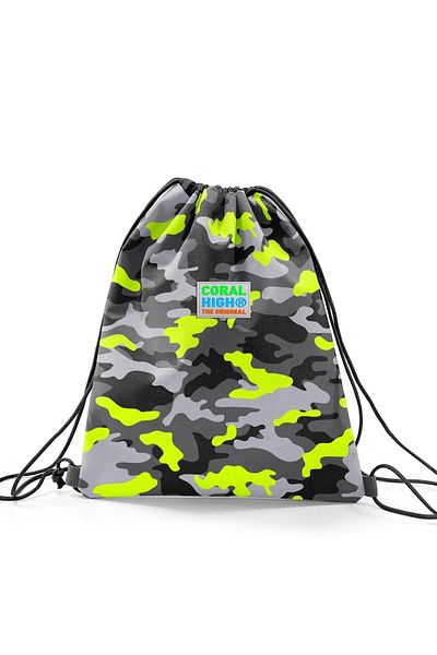 Coral High Kids Black Gray Camouflage Patterned Drawstring Drawstring Backpack 22454