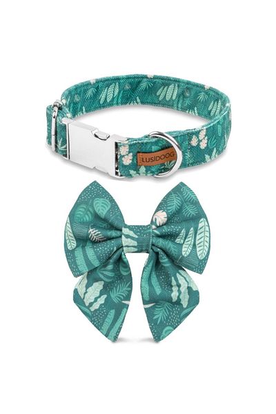 Lusi Doog Green Dog Collar and Female Dog Bow Tie with Floral Pattern