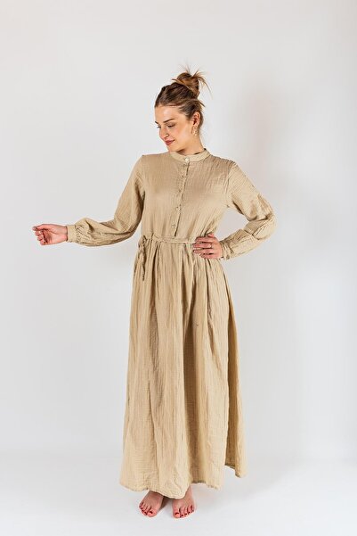 Zeliha Baysan Kadın Müslin Şık Uzun Kollu Bej Gömlek Elbise