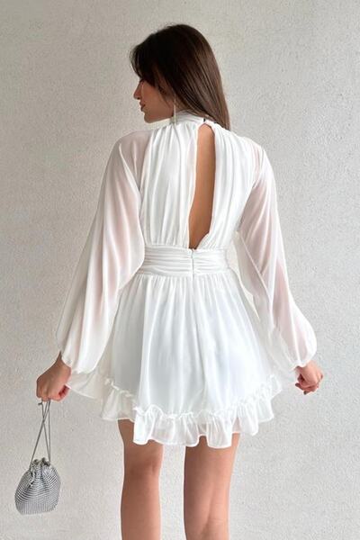 lovebox Rochie de seara albă cu mâneci lungi, țesătură din șifon căptușită, fără spate, Rochie de absolvire 066