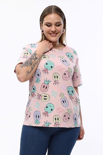 Seamoda Γυναικείο μπλουζάκι Basic Plus Size με λεπτομέρεια ανανά-ροζ