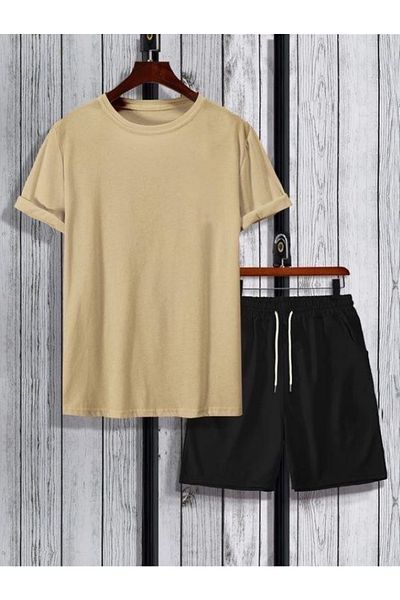 NO 601 Cream Plain Oversize Loose Fit Combed Cotton T-shirt Black Plain Combed Cotton Shorts Set