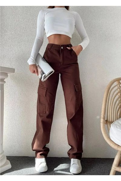 Trn JNS Pantalon Palazzo Jean cu talie foarte înaltă pentru femei Dia, maro, cu buzunar cargo, fără buzunar