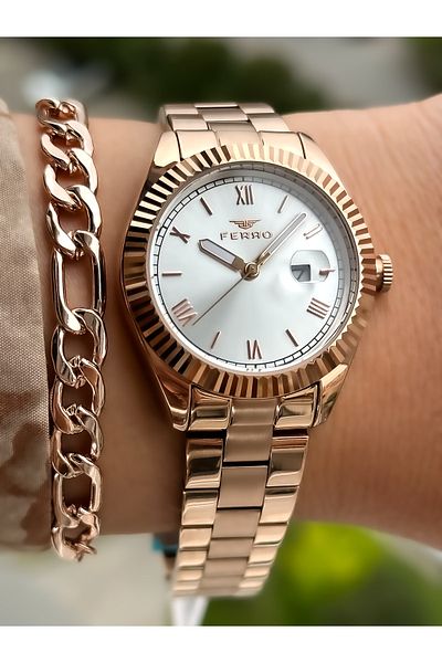 FERRO Simple Rose Color, Steel Strap, Water Resistant, Guaranteed, Women's Wristwatch + bracelet