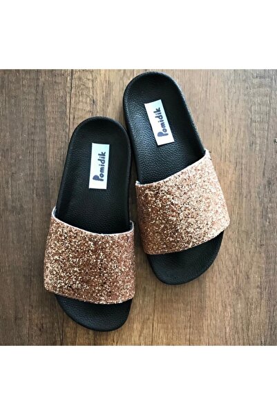 Pomidik Women's Bronze Glittery Shiny Single Strap Summer Slippers