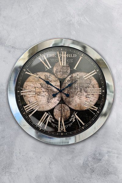 Kasva Concept Gift 36 cm Chrome Metal World Map Wall Clock