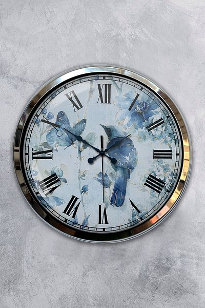 Kasva Concept Gift 40 cm Chrome Metal Wall Clock with Bird