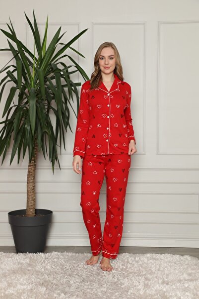 ALİMER Set de pijamale pentru femei, cu model inimă roșie, cu nasturi în față...