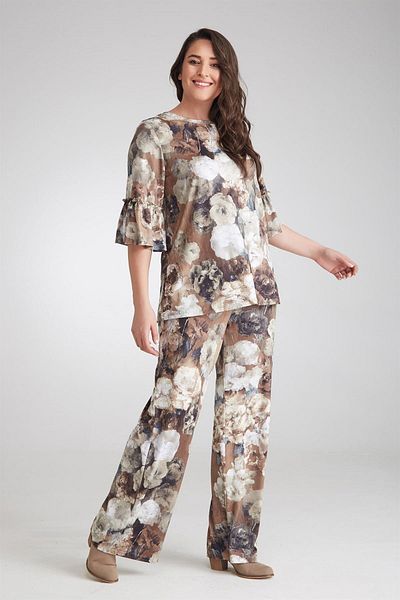 Seamoda Set din două piese pentru femei cu mâneci cu volane și imprimeu floral - maro-BB PRA- 236519 - 500679